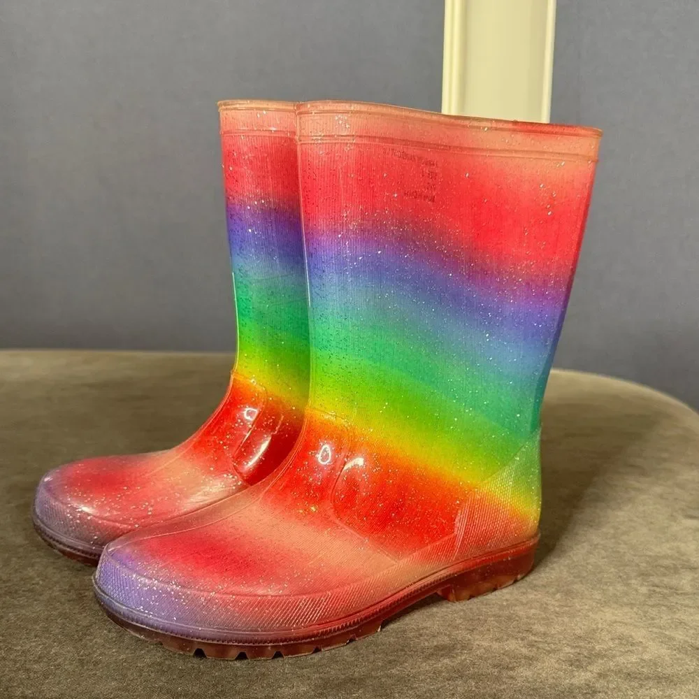 Olive & Edie Girls Rainbow Glitter Multi Color Rain boots Size 2